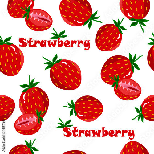 Fototapeta Naklejka Na Ścianę i Meble -  Pattern fresh strawberries. Vector illustration on a white background with text.