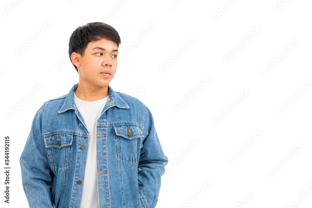 Asian Thaiman in white shirt is wearing blue jeans jacket on white background. Asian Thaiman in white shirt is wearing blue jeans jacket on white background.