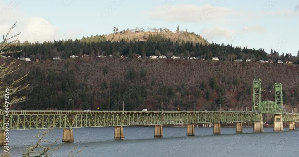 The Hood River Bridge With The Columbia River Underneath. Slow Pan Right The Hood River Bridge With The Columbia River Underneath. Slow Pan Right