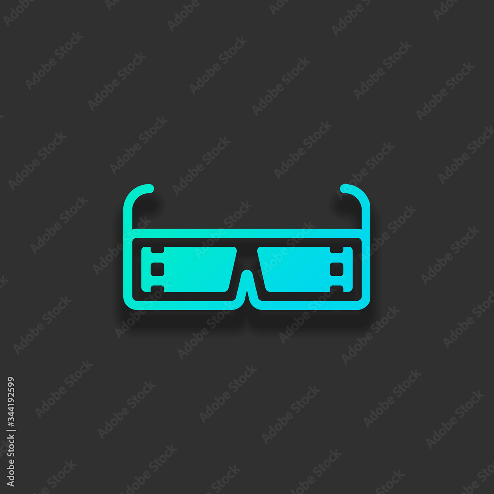 3D movie glasses. Icon of cinema technology. Colorful logo concept with soft shadow on dark background. Icon color of azure ocean 3D movie glasses. Icon of cinema technology. Colorful logo concept with soft shadow on dark background. Icon color of azure ocean