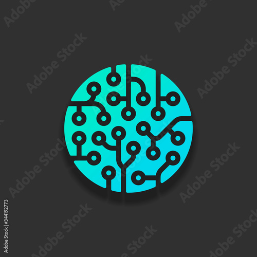 CPU round chipset, computer chip. Technology icon. Colorful logo concept with soft shadow on dark background. Icon color of azure ocean