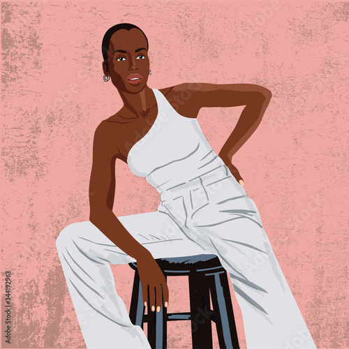 black woman model appearance fashionable high chair long legs white suit