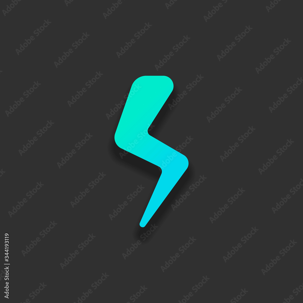 Lightning icon, sign of energy, strike of flash. Colorful logo concept with soft shadow on dark background. Icon color of azure ocean