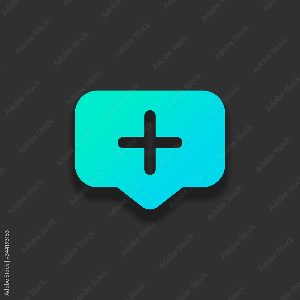 Plus in notification cloud, sign of add or reminder, social icon. Colorful logo concept with soft shadow on dark background. Icon color of azure ocean Plus in notification cloud, sign of add or reminder, social icon. Colorful logo concept with soft shadow on dark background. Icon color of azure ocean