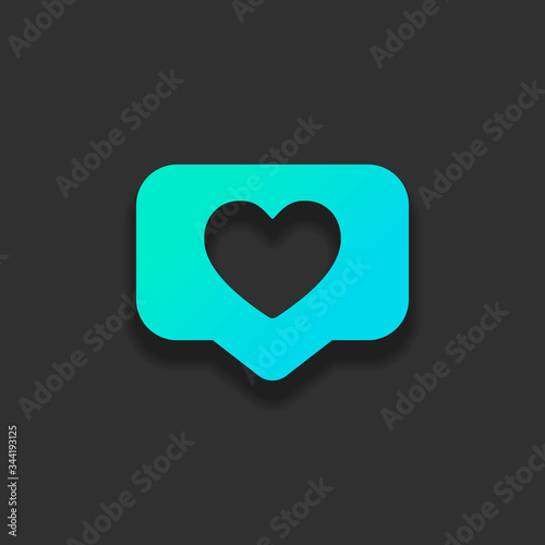 Like icon, heart in notification cloud, social symbol. Colorful logo concept with soft shadow on dark background. Icon color of azure ocean