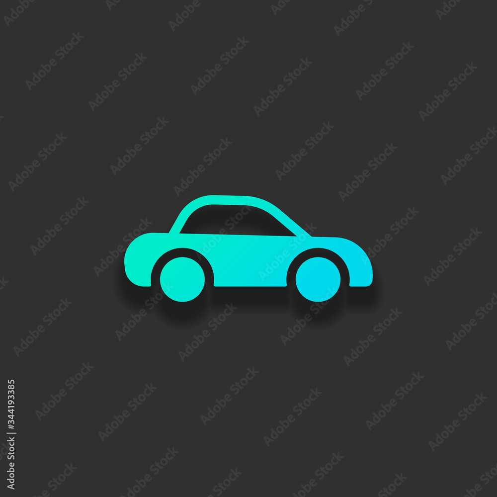 Silhouette of car, small auto icon. Colorful logo concept with soft shadow on dark background. Icon color of azure ocean
