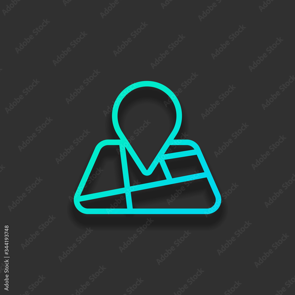 Map with pin, geo locate, outline linear icon. Colorful logo concept with soft shadow on dark background. Icon color of azure ocean Map with pin, geo locate, outline linear icon. Colorful logo concept with soft shadow on dark background. Icon color of azure ocean