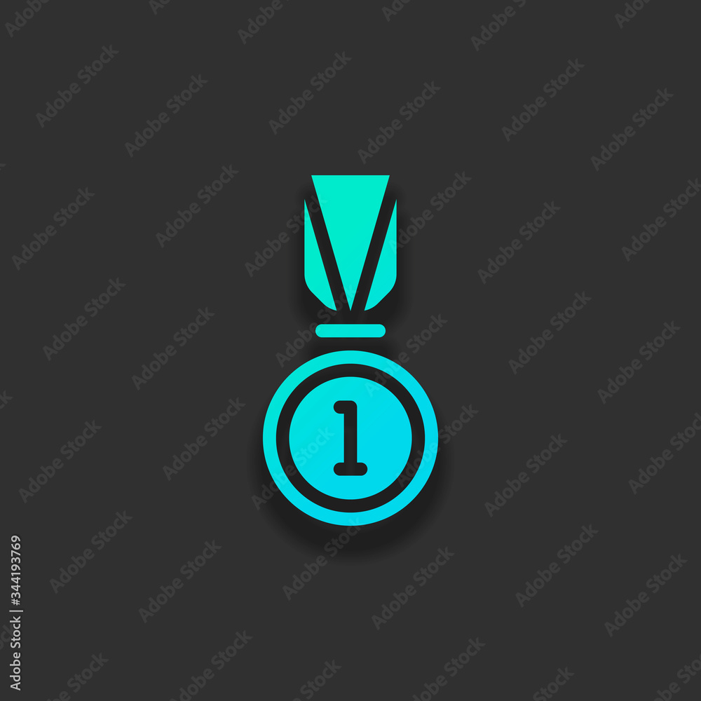 Award, medal with ribbon and number one, icon of sport. Colorful logo concept with soft shadow on dark background. Icon color of azure ocean Award, medal with ribbon and number one, icon of sport. Colorful logo concept with soft shadow on dark background. Icon color of azure ocean