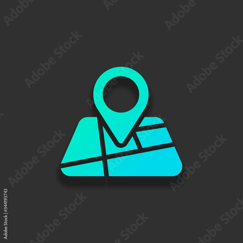 Map with pin, geo locate, pointer icon. Colorful logo concept with soft shadow on dark background. Icon color of azure ocean