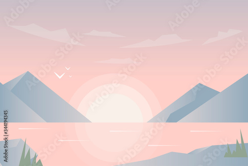 Abstract image of a sunset or dawn sun over the mountains at the background and river or lake at the foreground. Mountain landscape. vector illustration