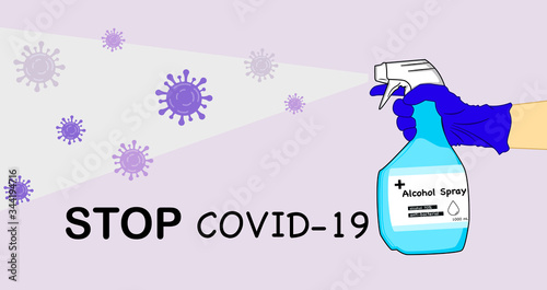 Hand spraying alcohol to prevent infection of corona virus, covid19, stop covid-19 banner. Vector illustration, flat design 