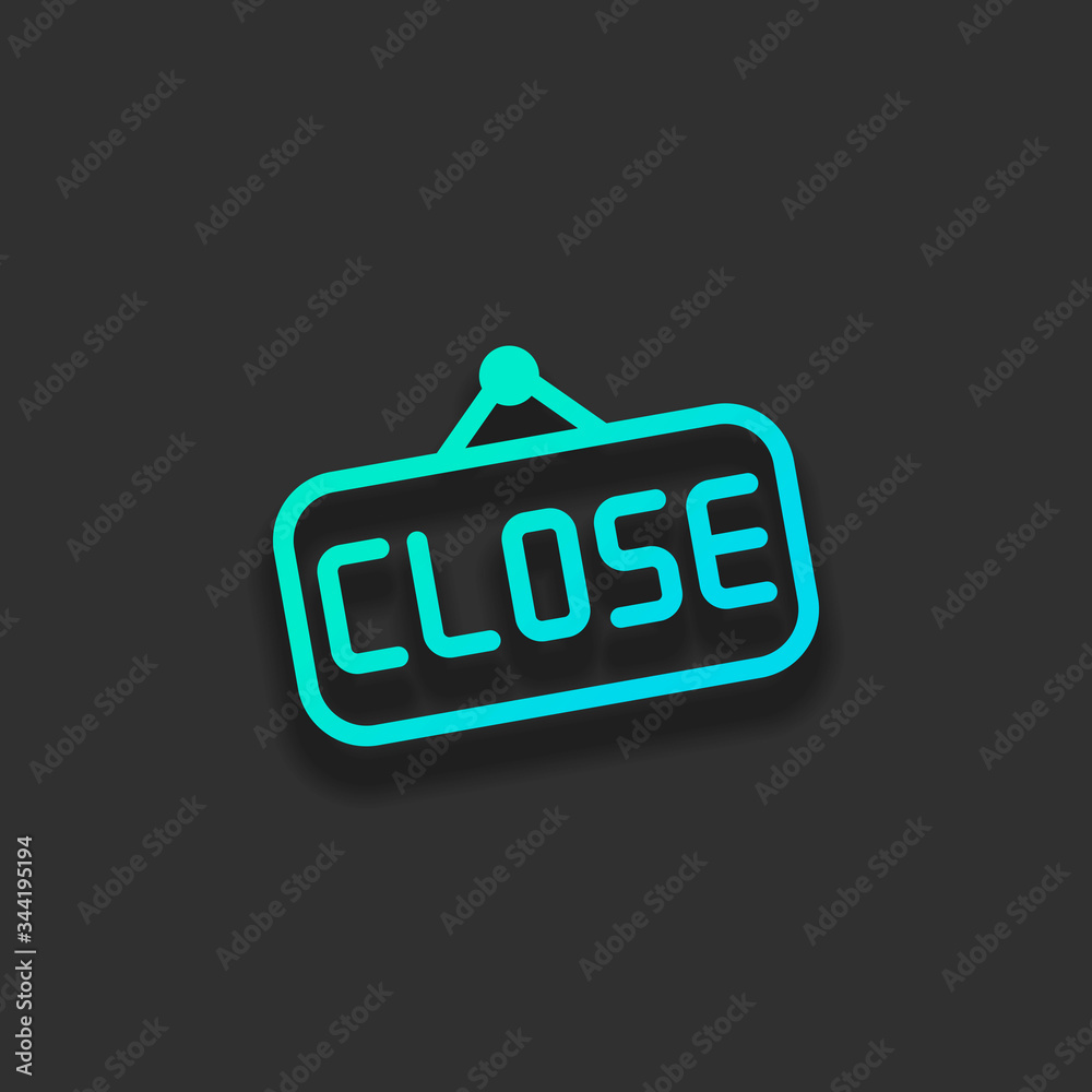 Signboard with close text, label for store, outline design. Colorful logo concept with soft shadow on dark background. Icon color of azure ocean Signboard with close text, label for store, outline design. Colorful logo concept with soft shadow on dark background. Icon color of azure ocean