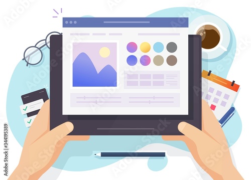 Image software photo editor online vector above designer workplace table desk and digital tablet computer screen or artist picture creating and drawing program top view desktop flat cartoon modern