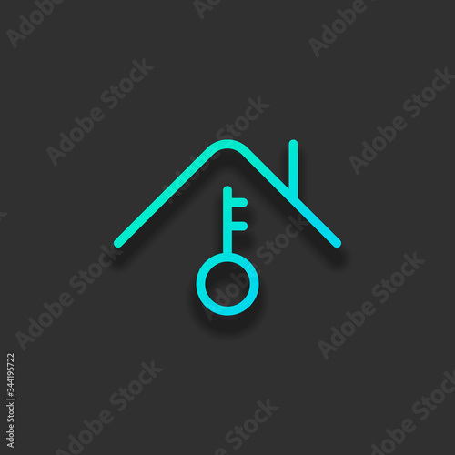 House and key, own home, outline design. Colorful logo concept with soft shadow on dark background. Icon color of azure ocean