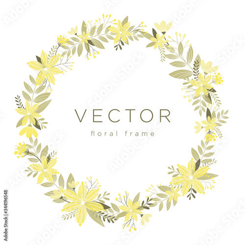 Floral wreath. Elegant spring frame with flowers and leaves. Isolated on white background. Template for greeting card or wedding invitation design. Romantic flat illustration.