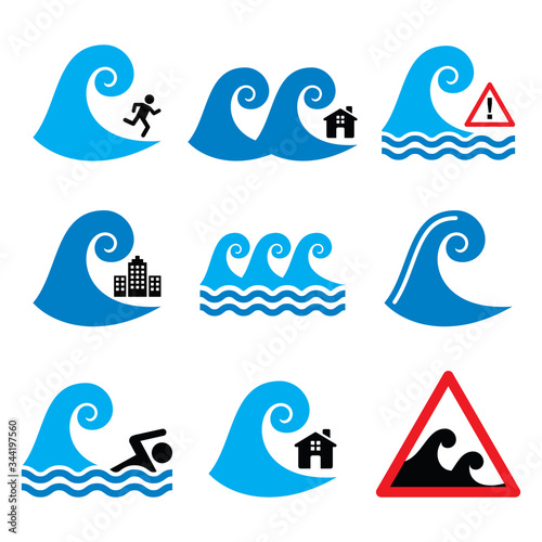 Tsunami, big wave warning, natural disaster icons set - global warning, nature concept
 
Vector color icons set - waves, tsunami, big water isolated on white
 