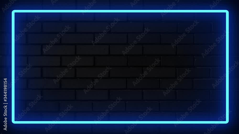 Neon blue light flashing frame lines lines on the background stone brick wall Neon blue light flashing frame lines lines on the background stone brick wall