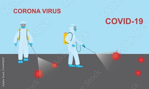 Man with disinfectant spray machine, sanitization process
