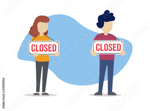 Concept of people standing with closed sign. Cartoon flat vector illustration in modern style.