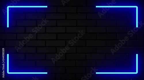 Neon blue light flashing frame lines lines on the background stone brick wall