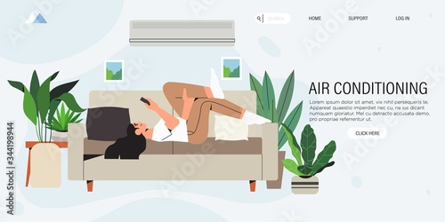 A woman rest on a sofa comfortably in a living room equiped with an air conditioning or cooling system during hot summer days and escaping heat. Smart air conditioner climate control system for home.