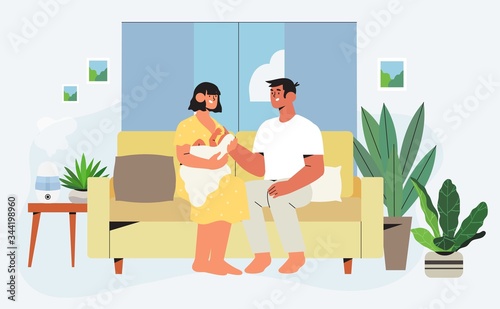 Happy family sitting on sofa in renovated apartment with trendy interior and furniture with house plants holding newly born child. Concept of family or house insurance for banner, landing page.