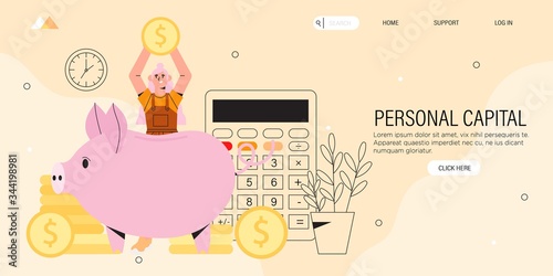 Personal capital of finance assistant application to calculate and controll family budget concept. Girl holds golden coin and will put it to piggy bank. Smart investmet, money and payment management.