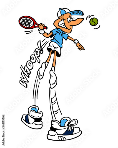 Tennis player jumping high to hit a smash and his shoes stay on the tennis court, sport is fun, color cartoon joke