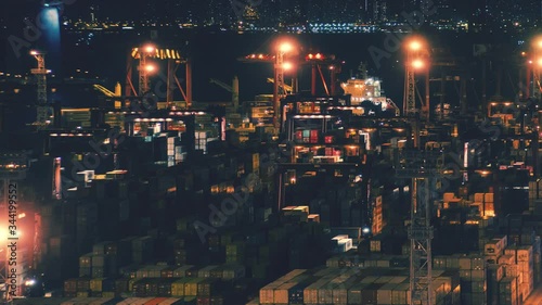 Night time time-lapse of Tsing Yi container terminal in Hong Kong 