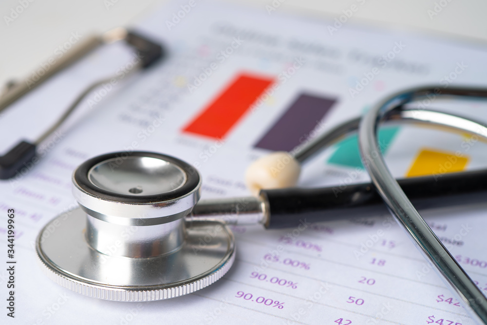 Stethoscope on charts and graphs spreadsheet paper, Finance, Account, Statistics, Investment, Analytic research data economy and Business company concept. Stethoscope on charts and graphs spreadsheet paper, Finance, Account, Statistics, Investment, Analytic research data economy and Business company concept.