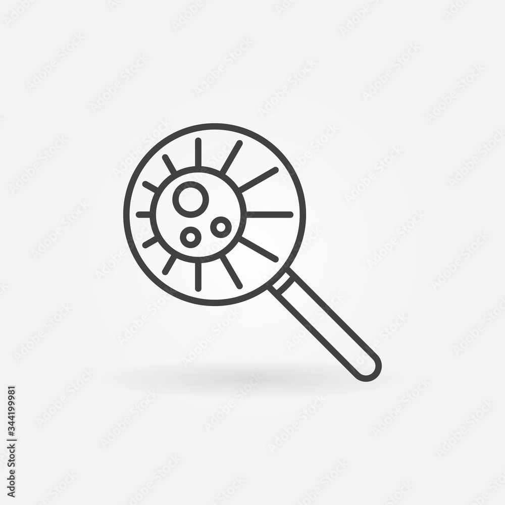 Obraz premium Magnifier with Bacteria outline icon. Vector Microorganism under Magnifying glass Science concept linear symbol