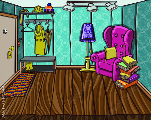 Cozy home entrance hall interior,  clothes hanger, shoe bench,  carpet, chest of drawers, backpack, umbrella in flat cartoon style. Vector illustration.