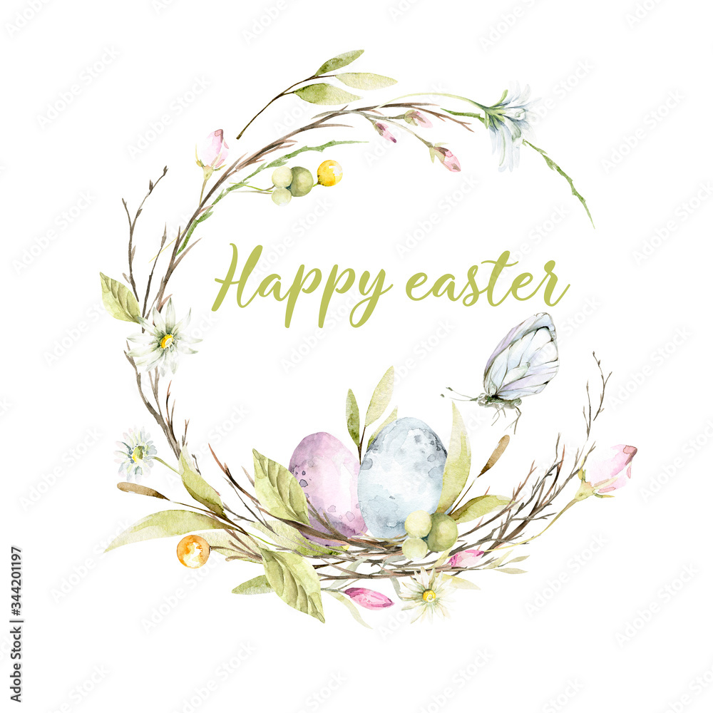 Hand drawing watercolor сhildren's spring wreath with  nest, green leaves, branches, wildflowers, balloons, eggs, butterfly. illustration perfect for fabric textile, scrapbooking, cards for easter.
