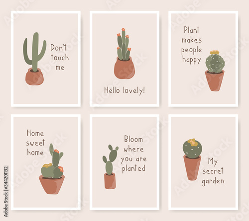 Cactus quote cards set with hand-drawn plant icons and whimsical text. Nature flowerpots composition in flat style. Print inspirational poster plant illustrations isolated on white background.