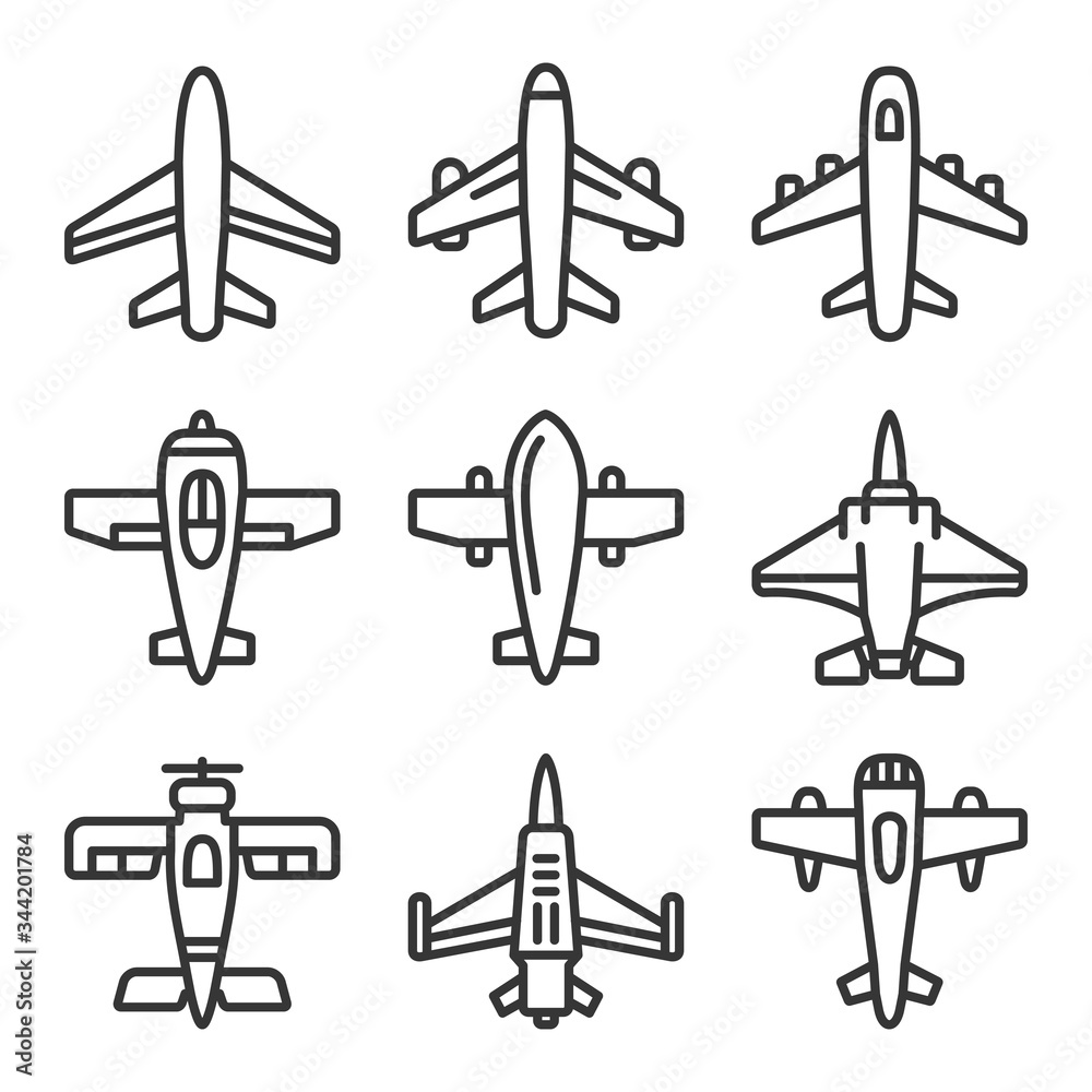 Airplane Icons Set on a White Background. Line Style Vector Airplane Icons Set on a White Background. Line Style Vector