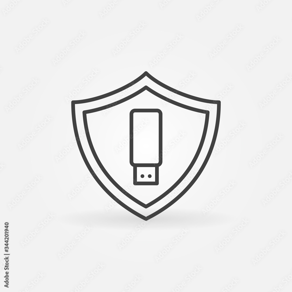 USB Flash Drive in Shield vector outline concept icon or design element USB Flash Drive in Shield vector outline concept icon or design element