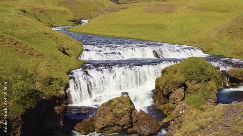 Iceland waterfall Skogafoss in Icelandic nature landscape. Famous tourist attraction and landmarks destination in Icelandic nature landscape on South Iceland.