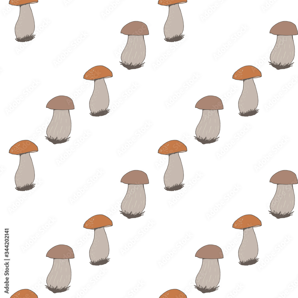 Seamless pattern with forest mushrooms on white background. Vector image.