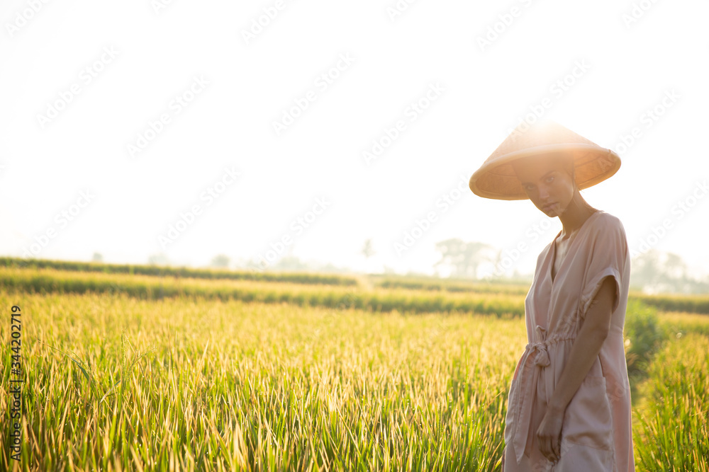 Beautiful girl in a rural hat collects rice from the field, view of the province of Asia. Model with blond hair works in the rice field in dress. Clean nature, healthy ecology, agritourism on Bali. Beautiful girl in a rural hat collects rice from the field, view of the province of Asia. Model with blond hair works in the rice field in dress. Clean nature, healthy ecology, agritourism on Bali.