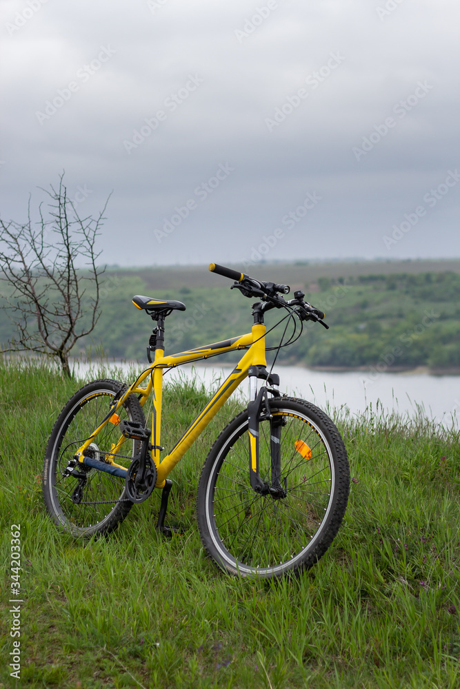 Obraz premium Yellow bicycle on green grass by the river