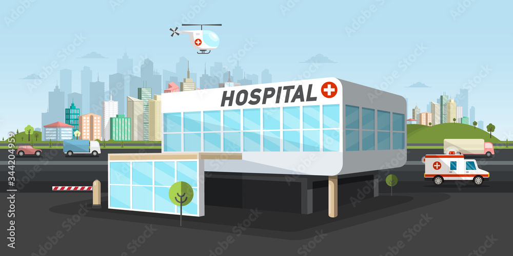 Hospital Building with Modern City on Background - Vector