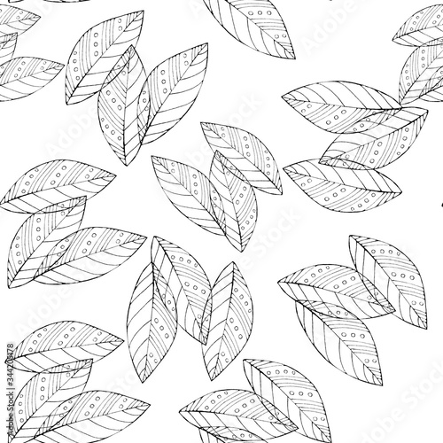seamless pattern ink illustration fantasy three leaves, countur art for coloring and design