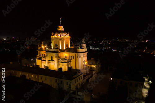 Aerial view on St. George s Cathedral in Lviv  Ukraine from drone at night