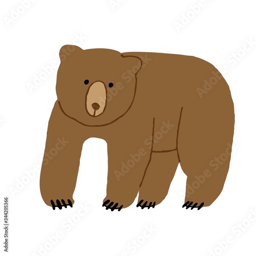 Cute flat style brown bear isolated on white background. Hand drawn wild animal. Simple cute design for print. Stock vector illustration.