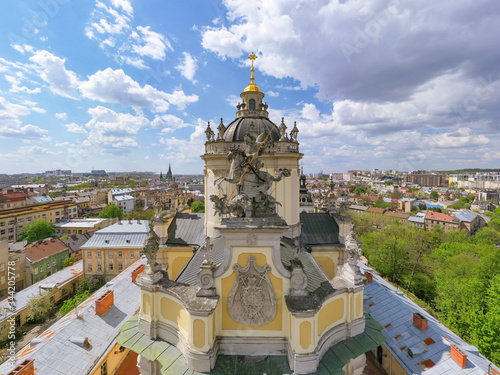 Aerial view on St. George's Cathedral in Lviv, Ukraine from drone photo