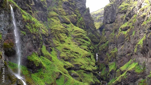Beautiful Iceland landscape with tiny waterfall surrounded by green hills and rocks.