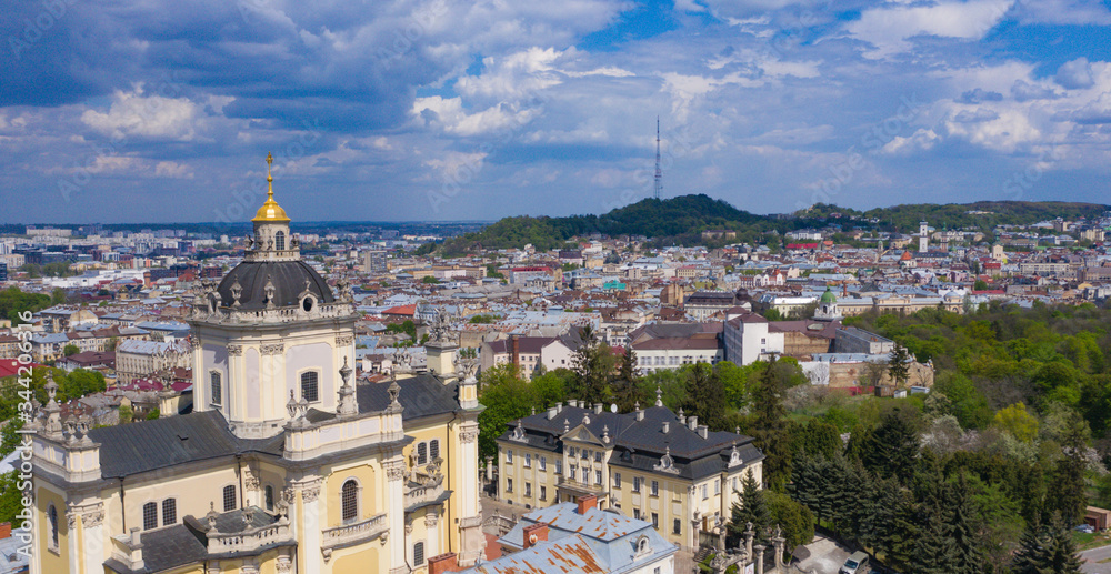 Naklejka premium Aerial view on St. George's Cathedral in Lviv, Ukraine from drone