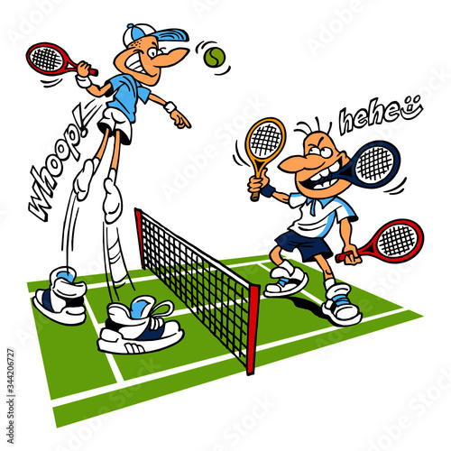 Tennis players play a match, one jumps and the other plays with three tennis rackets, sport is fun, color cartoon joke