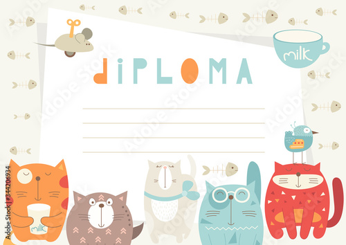 Diploma template with funny cats, bird, mouse toy in doodle cartoon style, certificate background for school, preschool, kindergarten. Vector illustration. Place for text.