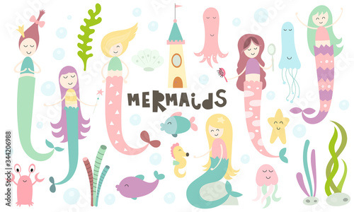 Little mermaids collection. Hand drawn. Doodle cartoon underwater elements, fishes and animals for nursery posters, cards, kids t-shirts. Vector illustration.